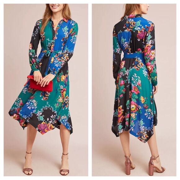 Anthropologie Robin Floral-Print Shirtdress midi dress Size 12 boho‎ spring - Picture 1 of 11